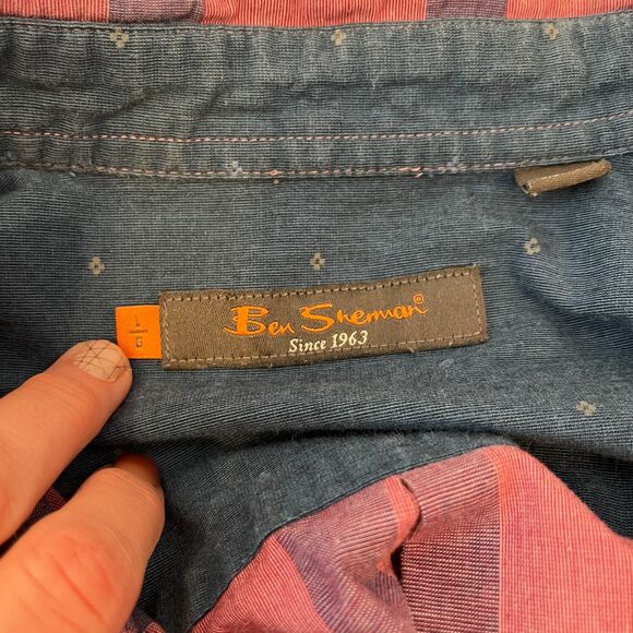 Ben Sherman Pink Blue Plaid Men's Casual Shirt Button Front Large - Picture 4 of 8